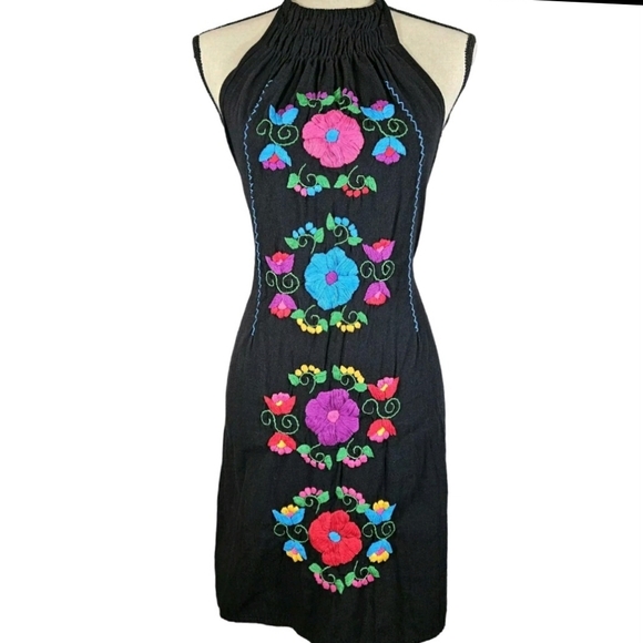 Gorgeous Floral Embroidered Black Halter Dress, Tie Neck, Elastic Back,XS/Small - Picture 1 of 10